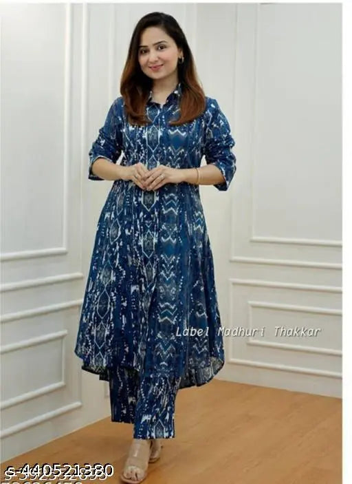 Dull blue rayon print kurta set with palazzos, three-quarter sleeves, Indian traditional clothing for women