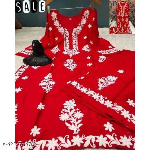 Printed rayon kurta and plazzo set with chikankari work, three-quarter sleeves, rayon fabric