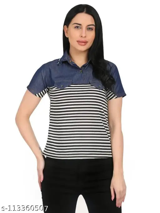 Light blue denim striped women's casual short-sleeved shirt, casual wear on hanger