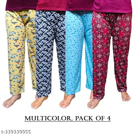 Multicolor cotton blend maxi pyjama pants pack of 4 by DASKART for women, Indian-made lounge wear