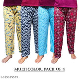Multicolor cotton blend maxi pyjama pants pack of 4 by DASKART for women, Indian-made lounge wear