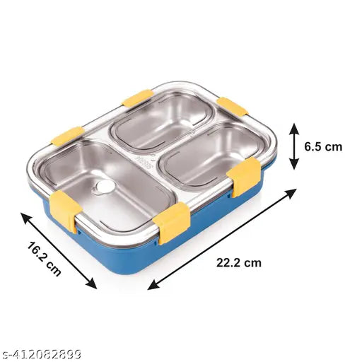 Blue stainless steel 3-compartment lunch box with steel cutlery, air-tight seal, and water insulation for office, school, or travel use. Food grade SUS304 + PP material ensures durability and safety. Ideal for busy lifestyles and meal preparation of healthy foods
