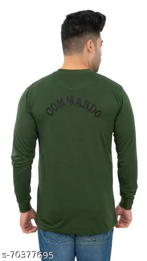 Olive green military-style cotton blend T-shirt, solid pattern, long sleeves, casual/sports wear, made in India (size S - chest 36in, length 25in)