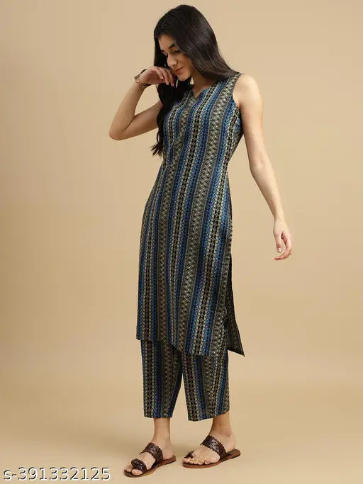 White Rayon Women's Striped Sleeveless V-Neck Kurta & Pant Set - Indian Ethnic A-line Design