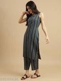 White Rayon Women's Striped Sleeveless V-Neck Kurta & Pant Set - Indian Ethnic A-line Design