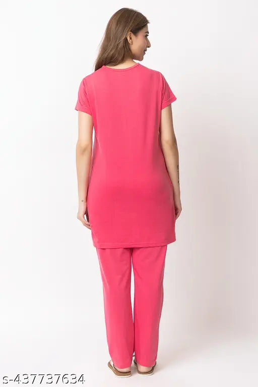 Trendy printed cotton nightsuit for women and girls, featuring short-sleeved tops and pyjamas in various sizes (L, XL, XXL, 4XL, 5XL). Available in five colors: pink, mint green, navy, grey, and dark grey. Perfect for stylish comfort during peaceful nights. Indian-made design