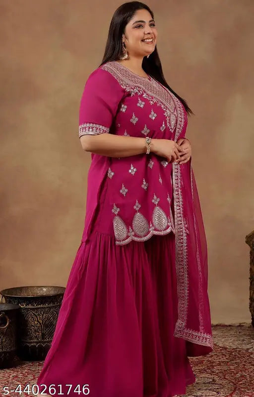 Embroidered Georgette Kurti with Sharara & Dupatta, three-quarter sleeves, sequinned scalloped design. Indian ethnic wear for women, single size available