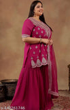 Embroidered Georgette Kurti with Sharara & Dupatta, three-quarter sleeves, sequinned scalloped design. Indian ethnic wear for women, single size available