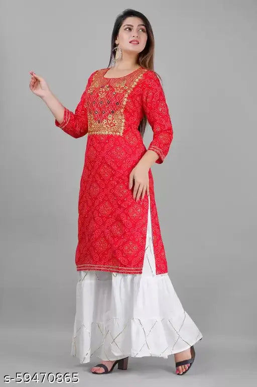 Rayon Bandhani print kurta-sharara ethnic set, intricate embroidery and mirror work, Indian-origin fashion for women's special occasions