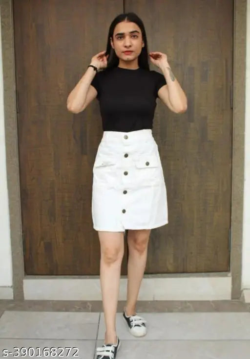 White cotton blend solid mini skirt for women, size 26 (waist 26in, length 19in), made in India