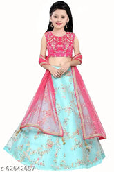 Kids embroidered SkyPink Dupion silk lehenga choli with net dupatta, sleeveless top and embellished detailing, perfect for traditional Indian events