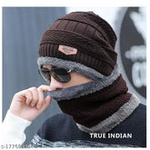 Brown wool-blend knitted beanie cap with fur lining & matching scarf - warm, airproof winter accessory for women/men (India)
