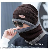Brown wool-blend knitted beanie cap with fur lining & matching scarf - warm, airproof winter accessory for women/men (India)