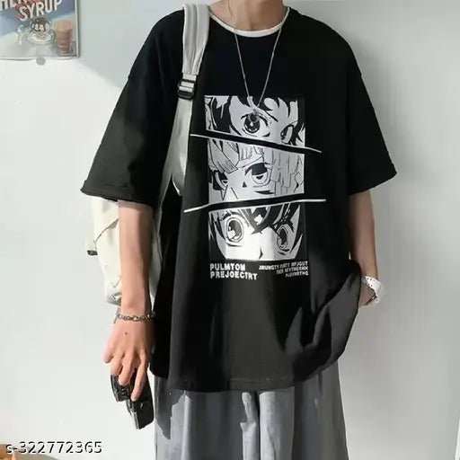Oversized printed cotton t-shirt for men, black with anime graphics, round neck, down shoulder, made in India