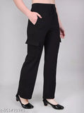Fancy cotton blend cargo pants for woman, solid color, high waist with bow tie design, functional pockets