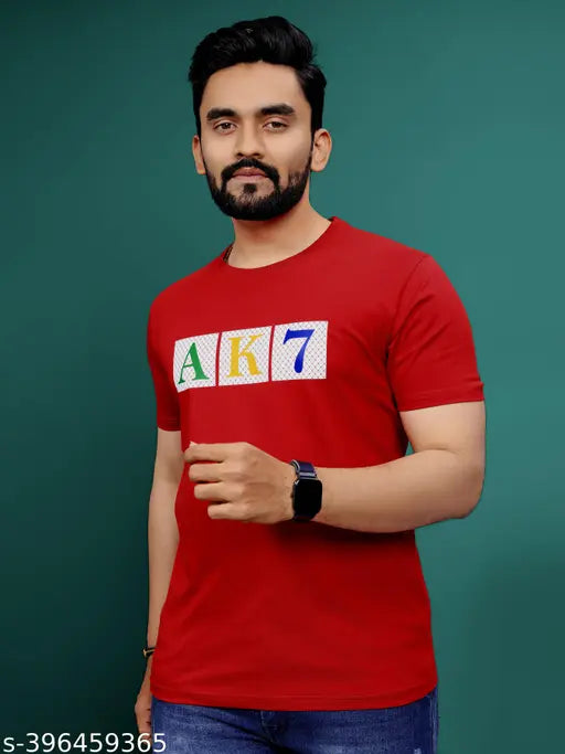 Men's cotton round neck T-shirt, short sleeves, printed design, size S (38in chest, 26in length), Made in India