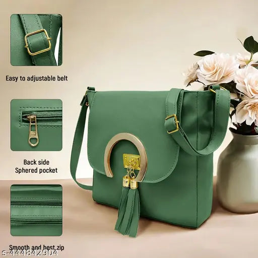 Green PU sling bag for women and girls, compact and stylish ladies purse with 2 compartments, perfect for everyday essentials