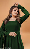 Green Georgette Stitched A-line Dress - Luxurious, intricately detailed, and flattering for any occasion. Perfect for evening events or parties. Vibrant green color. Sizes: S, M, XL. Made in India