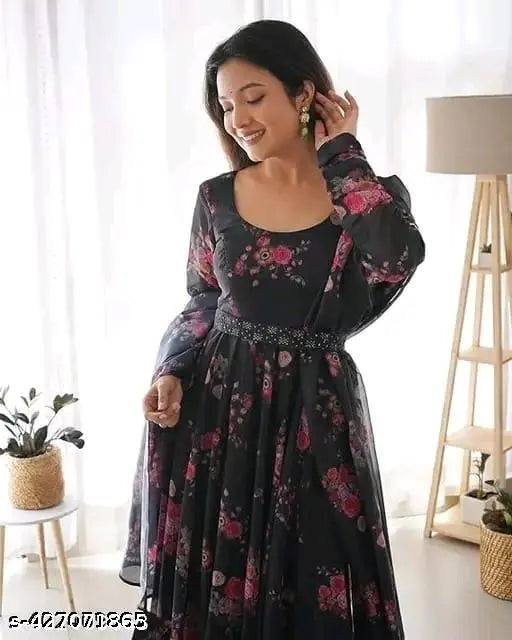 Black Krishna print Georgette long-sleeved blouse with no dupatta, Indian fashion on mannequin