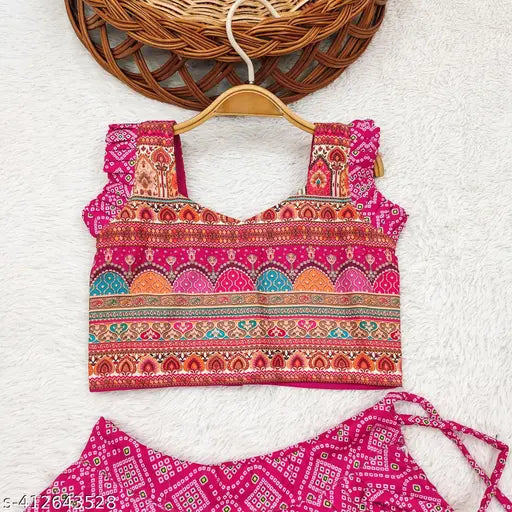 Kids blue rayon printed lehenga choli set with separate blouse, ethnic motif design for 2-3 year-old girl