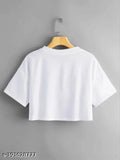 White polyester crop top round neck t-shirt for girls, printed net pattern on display