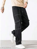 Solid denim, non-stretch baggy jeans with six pockets for men - bell-bottom cargo design, long length, regular fit