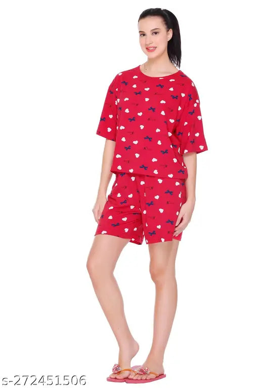 Rose red cotton women's floral printed round neck nightsuit set with top & shorts, lightweight, comfortable, machine washable