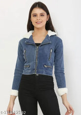 Denim, long-sleeved solid patch jacket, stylish XS (32in bust, 24in length), made in India