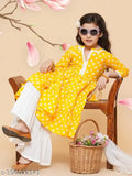FH11YELLOW rayon sharara set, three-quarter sleeves, yellow print with lace work, kids fashion, 4-5 years - 13-14 years sizes available