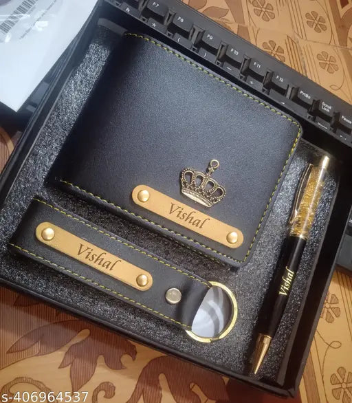Customised men's faux leather wallet & pen set with gold-crush name engraving, perfect for gifting to husband, boyfriend, father, brother, teacher, friend, or groom