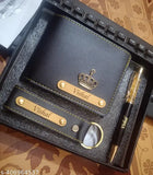 Customised men's faux leather wallet & pen set with gold-crush name engraving, perfect for gifting to husband, boyfriend, father, brother, teacher, friend, or groom