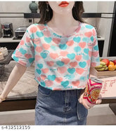 Stylish printed oversized polyester t-shirt for women, Jannie Hustler brand, short sleeves, size L