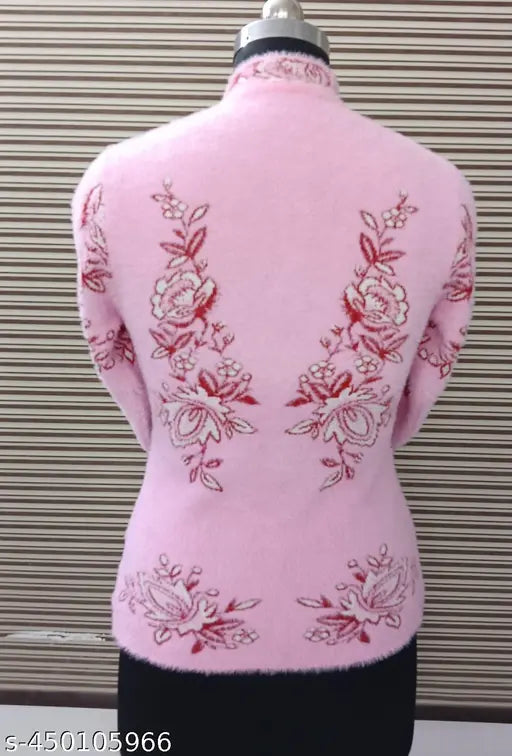 Women's self-designed fancy wool cardigan, long sleeves, M size (bust 34in, length 24in), smart and attractive winter wear. Indian-made women's round neck sweater with zip, stylish woolen sweater for women