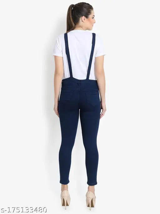 Sleeveless solid denim women's high waist dungaree, adjustable straps, India-made, perfect for fashion forward ladies