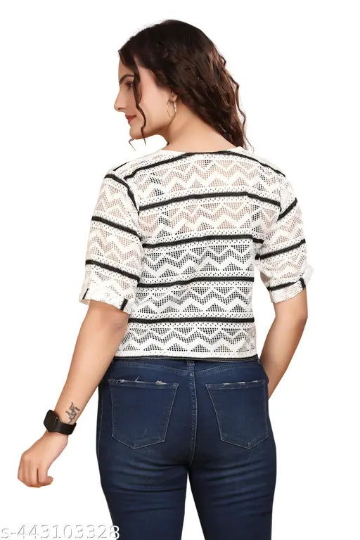 Striped cotton blend, short sleeve tunic for women - Trendy retro style with lace detail, Indian origin