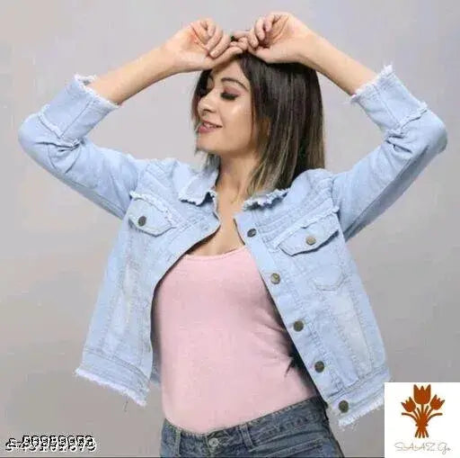 Denim three-quarter sleeve waistcoat for women, trendy latest jacket style, solid pattern, size XS-XL