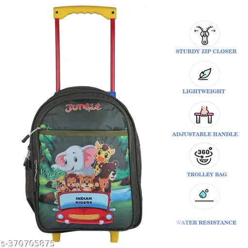DARK Green & Light Blue Waterproof Kids Travel Trolley Bag, 16 inch x 30L, Polyester, Zoo Cartoon Animal theme