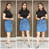 Denim, modern women's western skirt. Solid, high-waisted, size 26/28/30, made in India