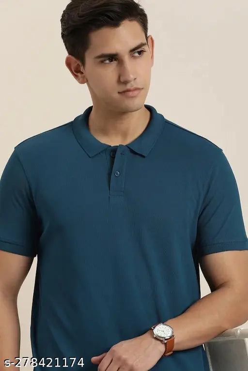 Airforce blue cotton blend polo neck t-shirt for men, solid design, short sleeves, 180 gsm durable fabric, wash care instructions included