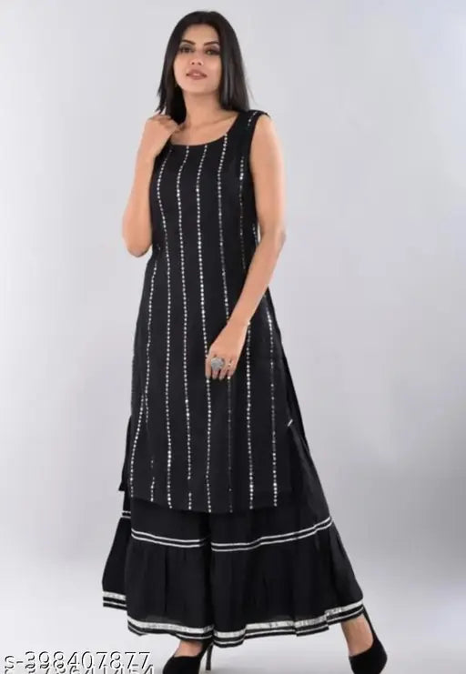 Rayon Saleev BLK MRR SHR Kurta & Sharara Set, embellished net, sleeveless with palazzio bottom, India origin