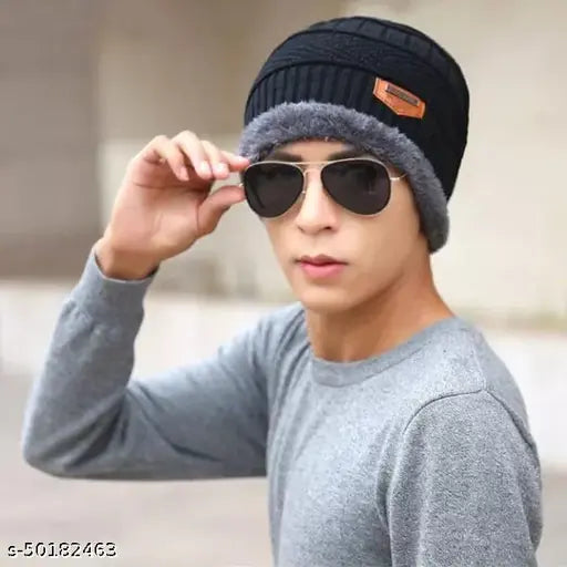 Black acrylic beanie, warm winter windproof & snowproof with fur lining - UPAREL India