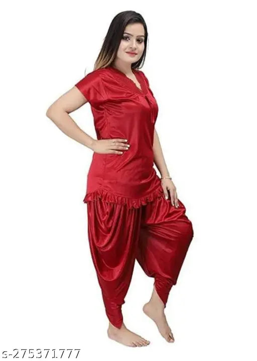 Maroon satin Patiala nightsuit for women, adorned with crepe bottom georgette
