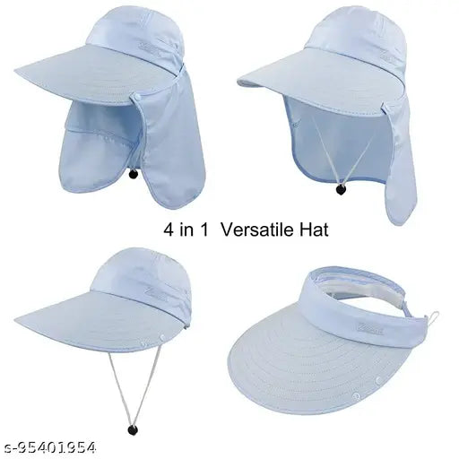 Blue Polyster sun hat with wide brim and detachable flaps, offers UPF 50+ UV protection for outdoor activities like boating, camping, or fishing. Breathable and lightweight design fits most women with adjustable velcro and chin strap. Perfect for summer, provides 360-degree sun protection, and can be converted into a visor hat. Made in China