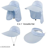 Blue Polyster sun hat with wide brim and detachable flaps, offers UPF 50+ UV protection for outdoor activities like boating, camping, or fishing. Breathable and lightweight design fits most women with adjustable velcro and chin strap. Perfect for summer, provides 360-degree sun protection, and can be converted into a visor hat. Made in China