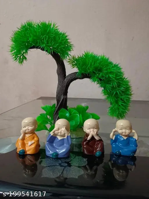 Handcrafted polyresin baby monk laughing Buddha statues (Set of 4) - perfect for home decor, car dashboards, or gifts (5cm tall)