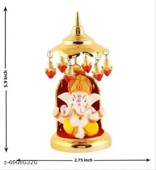 Gold-plated marble Ganesh Idol with umbrella stand, used for home, offices, cars, and small temples