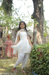 white georgette sleeveless dhoti kurta set, intricately embroidered, 3-15 years sizes available, traditional Indian attire for festivals and celebrations