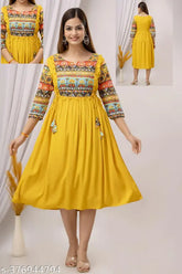 Rayon digital print Anarkali kurti for women, fashionable three-quarter sleeves in solid combo. Indo-western clothing on hanger for easy hand wash