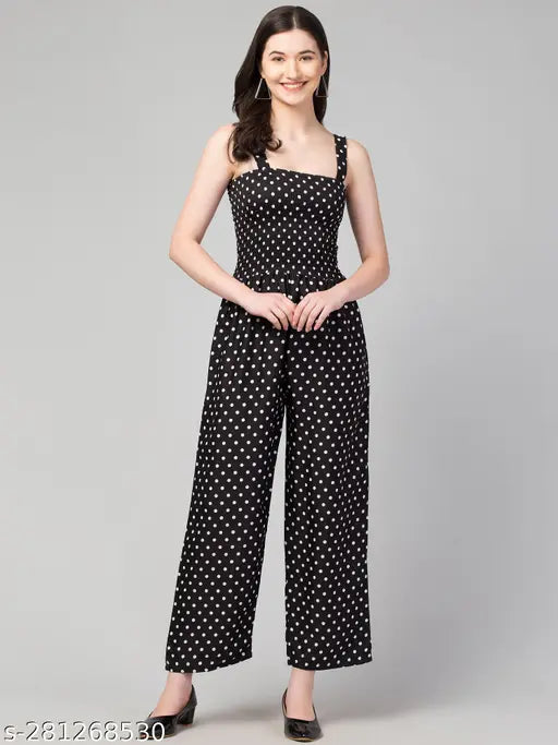 Women's printed crepe polka dot top and bottom set, three-quarter sleeve length, various sizes available from S to XL. Indian-made fashion on hanger