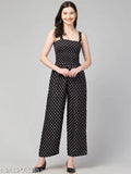 Women's printed crepe polka dot top and bottom set, three-quarter sleeve length, various sizes available from S to XL. Indian-made fashion on hanger